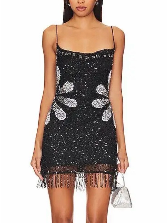 Tularosa Dresses & Skirts - Tularosa Black Sequin Mini Dress with Silver Floral Accents
